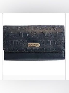 Nautica Black Embossed Leather Wallet with Gold-Tone Plaque